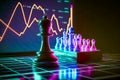 Chess on a Neon board with Stock trading graph background for Digital Financial strategy concept, Generative AI Royalty Free Stock Photo