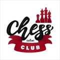 Chess online club with figures. King, queen, bishop, pawn. Hand lettering logo. with decorative ribbon. Game sport. Vector