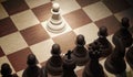 Chess opening move - pawn in center of board. View from top. 3D rendered illustration Royalty Free Stock Photo
