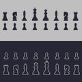 Chess. Outline and flat icons. On grey and blue background. Vector image.