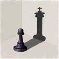 Chess pawn casting a king piece shadow