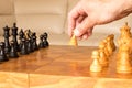 A chess pawn in a human hand. The beginning of the chess game. T Royalty Free Stock Photo