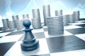 Chess pawn versus cash on a blue financial background