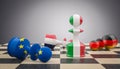 Chess pawns with Italian, French German and European flag