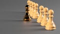 Chess pawns made of wood are lined up with gold pawns in front, the concept of leadership in the organization