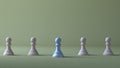 Chess pawns made of wood are lined up with shiny blue pawns in front, the concept of leadership in the organization