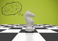 Chess piece against green background and thought cloud with math doodles