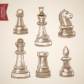 Chess piece figure king queen engraving lineart vintage vector