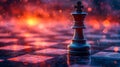 A chess piece, a king, on a chessboard with a blurry, side-by-side-like background in red and orange tones Royalty Free Stock Photo