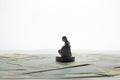 The figure of a toy man sitting on his knee on the money Royalty Free Stock Photo