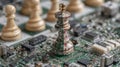 A chess piece stands prominently on a circuit board, symbolizing strategy and technology Royalty Free Stock Photo