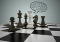 Chess pieces against grey background and speech bubble with cogs