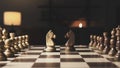 Chess pieces arranged on the chessboard and knights facing each other Royalty Free Stock Photo