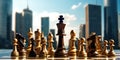 Chess pieces on the background of skyscrapers. Generative AI