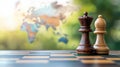 Chess Pieces on a Board with a Blurred World Map Background for Strategy Themes