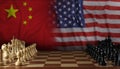 Chess pieces on board and Chinese and American flags on background. Trade war Royalty Free Stock Photo