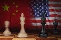 Chess pieces on board and Chinese and American flags on background. Trade war Royalty Free Stock Photo