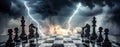 Chess pieces on the board with lightning bolts. Business strategy Royalty Free Stock Photo