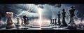 Chess pieces on the board with lightning bolts. Business strategy Royalty Free Stock Photo