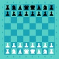 Chess pieces on the board. Vector. Ready-made complete set for the game, mobile application. Professional demo chess. Black and wh