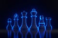 Chess pieces with bright glowing futuristic blue neon lights on black background