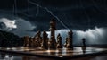 Chess pieces on a chessboard against the backdrop of a stormy sky and flashing lightning. The game of chess