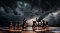 Chess pieces on a chessboard against the backdrop of a stormy sky and flashing lightning. The game of chess