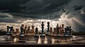 Chess pieces on a chessboard against the backdrop of a stormy sky and flashing lightning. The game of chess