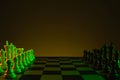 Chess pieces on a chessboard, game, neon yellow-green. The concept of confrontation, career, promotion, startup