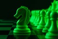 Chess pieces on a chessboard, knight move, game. The concept of confrontation, career, competition, startup