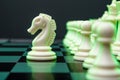 Chess pieces on a chessboard, knight move, game. The concept of confrontation, career, competition, startup