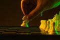 Chess pieces on a chessboard, knight move, game. The concept of confrontation, career, competition, startup