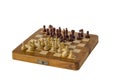 Chess pieces in a confrontation on a wooden board close-up isolated on a white background Royalty Free Stock Photo