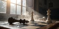 Chess pieces dramatically illuminated in a quiet room with sunlight breaking through the window Royalty Free Stock Photo
