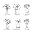 Chess pieces with flowers one line set art. Continuous line drawing of Pawn, Bishop, Knight, Rook, Queen, King with rose Royalty Free Stock Photo