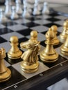 Chess pieces, focus on golden Knight