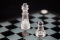 The chess pieces of glass: the opposition pawns and king on a black background.
