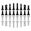 Chess pieces icons. Board game. Silhouette of knight, bishop, pawn, queen, rook and king in black color. Black silhouettes of Royalty Free Stock Photo