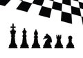 Chess pieces icons with name. Board game. Black silhouettes isolated on white background. Chess poster Royalty Free Stock Photo