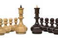 Chess pieces isolated on white background. White and black chess kings with pawns stands in front of each other. Royalty Free Stock Photo