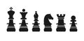 Chess pieces king queen bishop knight rook pawn silhouette isolated on white background.