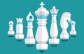 Chess pieces king queen bishop knight rook pawn white team wear protection mask isolated on green. Medical strategy concept. Flat