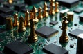 Chess pieces made of gold placed on a computer motherboard with electronic components and circuits Royalty Free Stock Photo