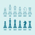 Chess pieces vector outline and silhouette icons Royalty Free Stock Photo