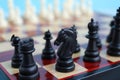 Chess pieces are placed on a checkered board for starting a game Royalty Free Stock Photo