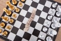Chess pieces placed on the chessboard and the dollar coin in the middle Royalty Free Stock Photo