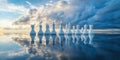 Chess pieces reflection on calm water under dramatic sky, showcasing strategic game elements and serene atmosphere Royalty Free Stock Photo