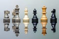 Chess pieces on a reflective surface, capturing both the pieces and their reflections Royalty Free Stock Photo