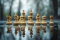 Chess pieces on a reflective surface, capturing both the pieces and their reflections