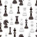 Chess pieces seamless pattern, chessmen flat black and white drawing, silhouette. Figures pawn, king, queen, bishop, knight, rook